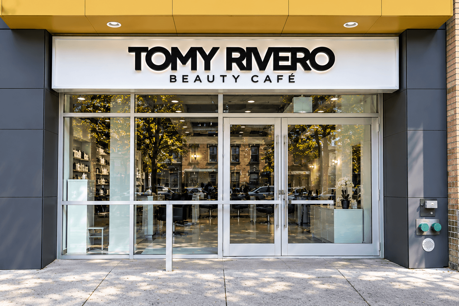 Illuminated exterior of Tomy Rivero Beauty Cafe in Inwood at night