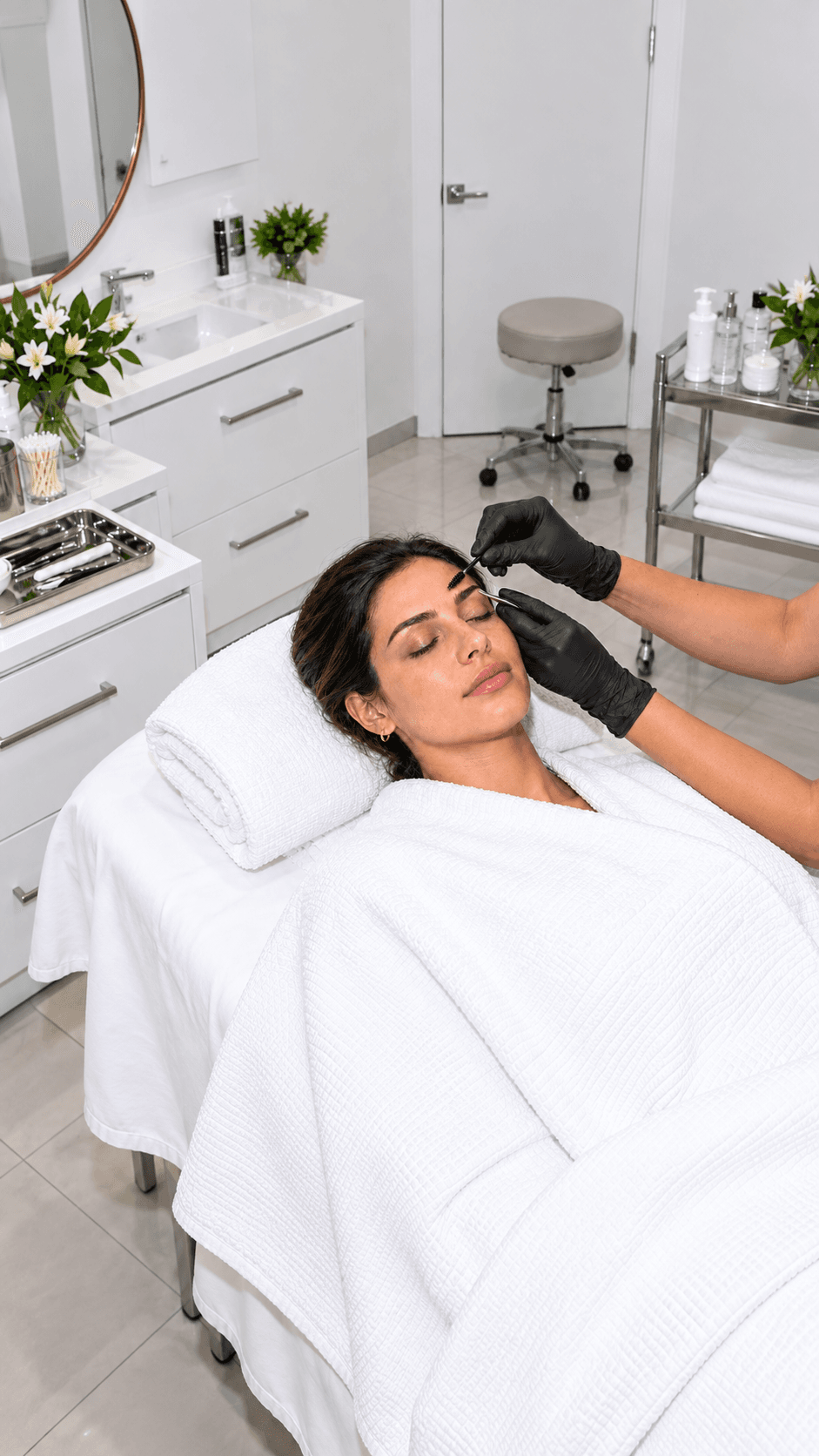 Specialist shaping a reclining client’s eyebrow with a spoolie and tweezers, shown with room around the treatment