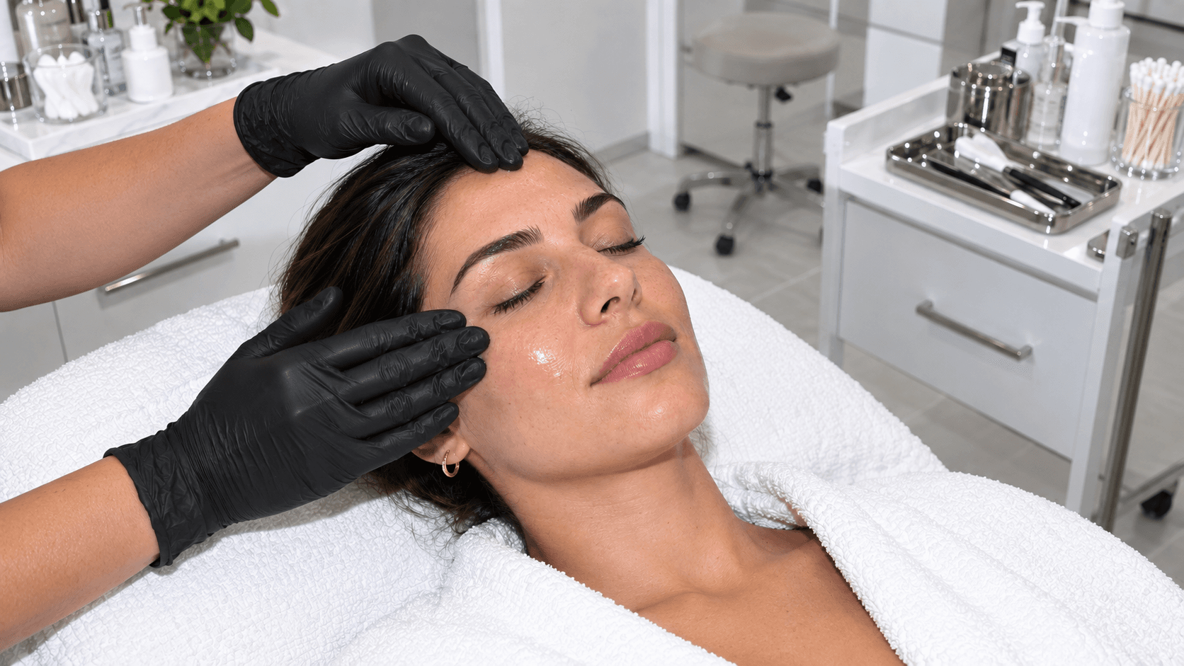 Esthetician’s black-gloved hands applying a facial treatment to a reclining client in a bright white room