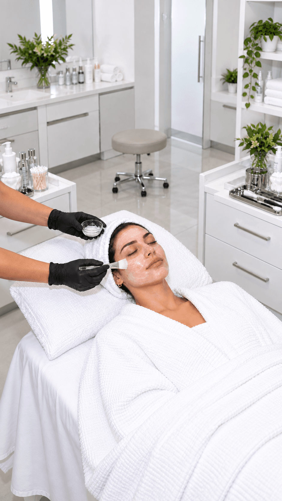 Specialist performing a facial on a reclining client, shown in a bright treatment room with space around the scene