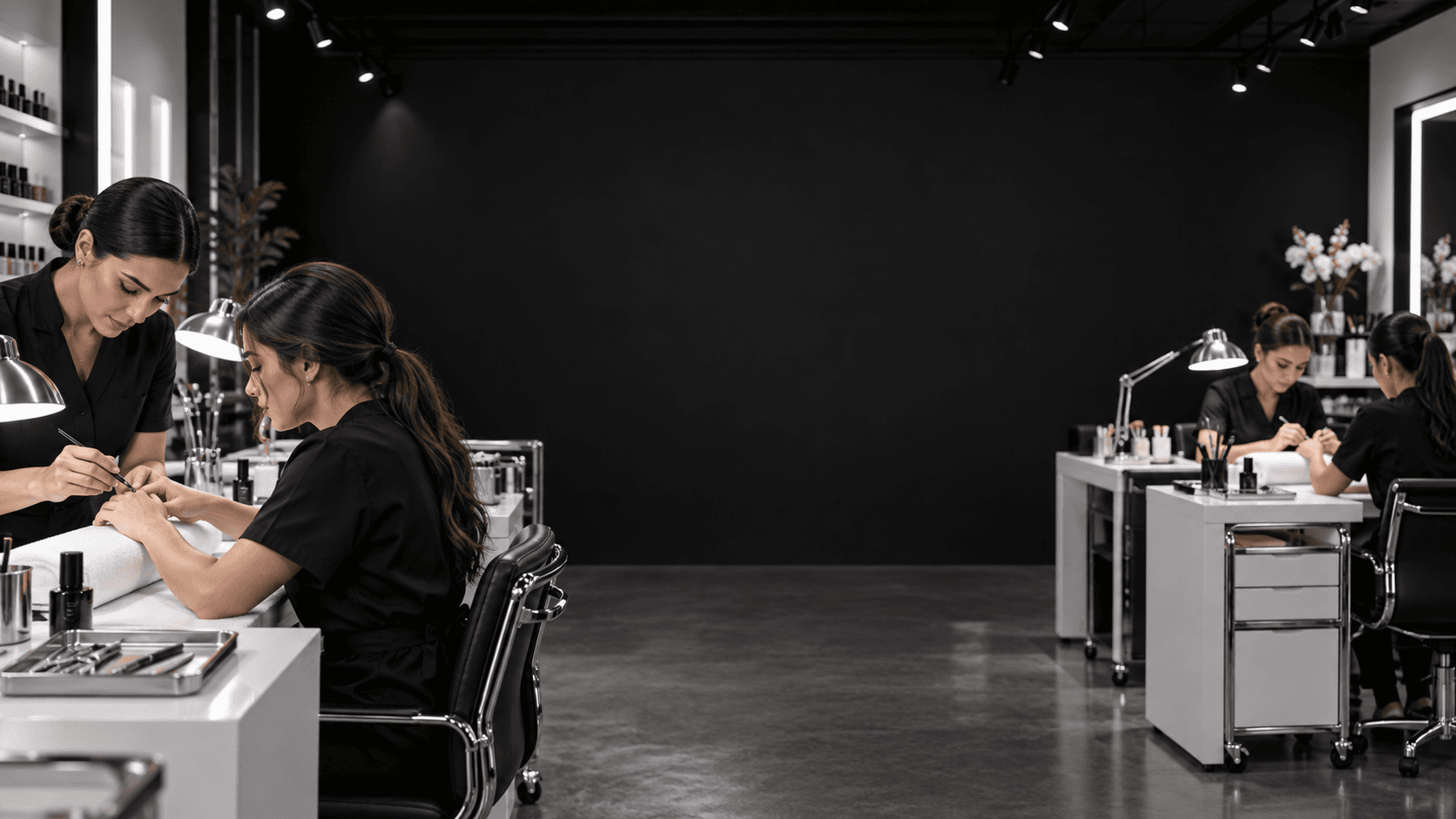Beauty instructor guiding a student through manicure practice in a professional academy, with students and workstations arranged around a dark open center