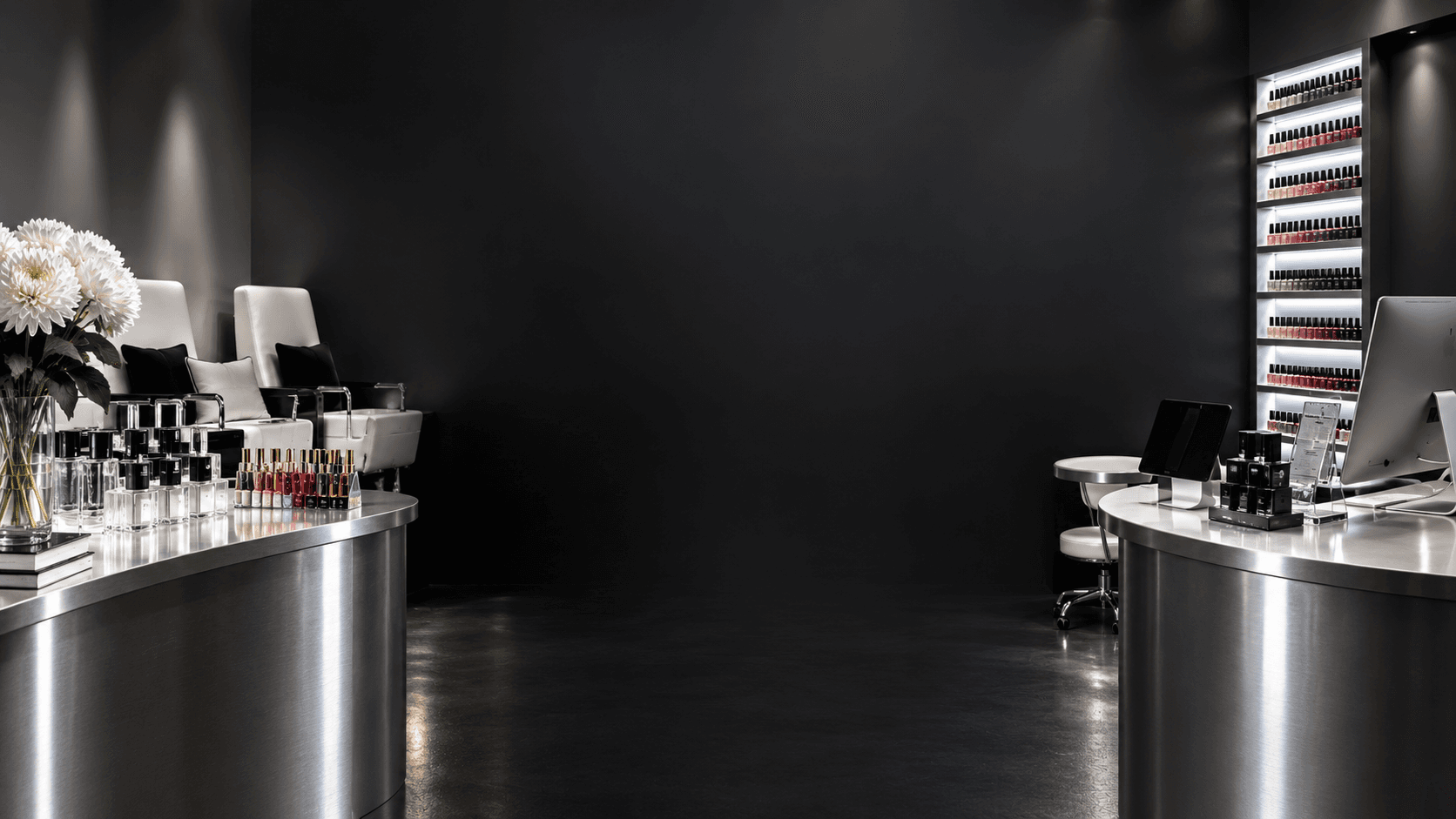 Tomy Rivero Beauty Lab reception with white seating, nail color displays, and a cool silver counter around a dark center