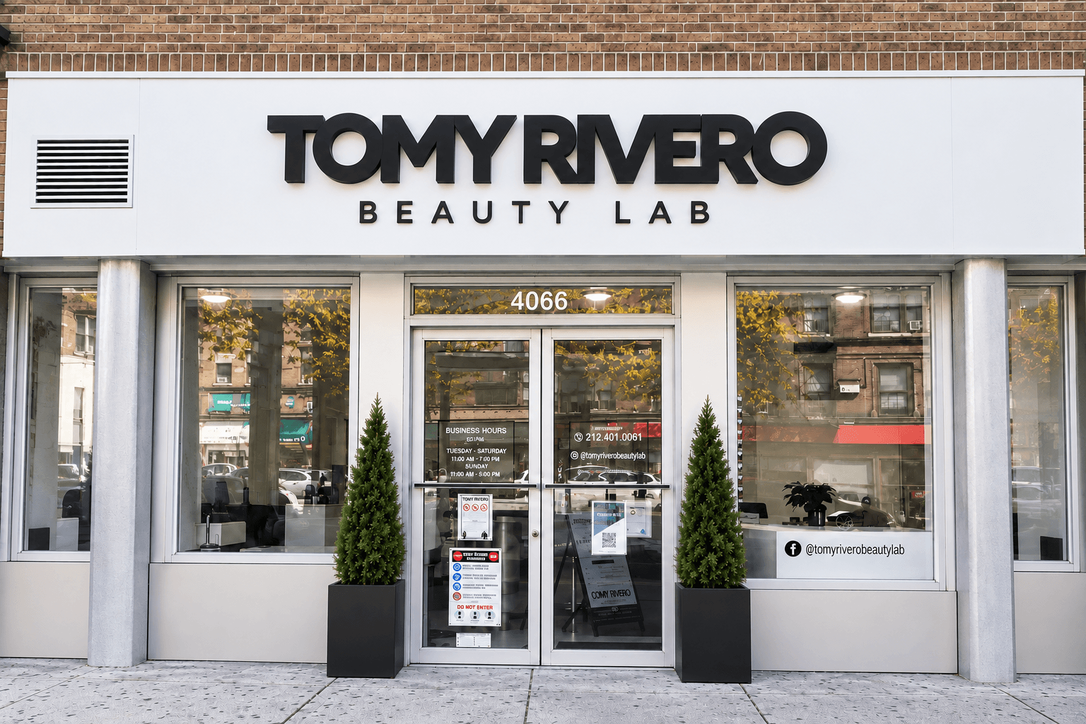 Full exterior of the Tomy Rivero Beauty Lab storefront on Broadway in Washington Heights