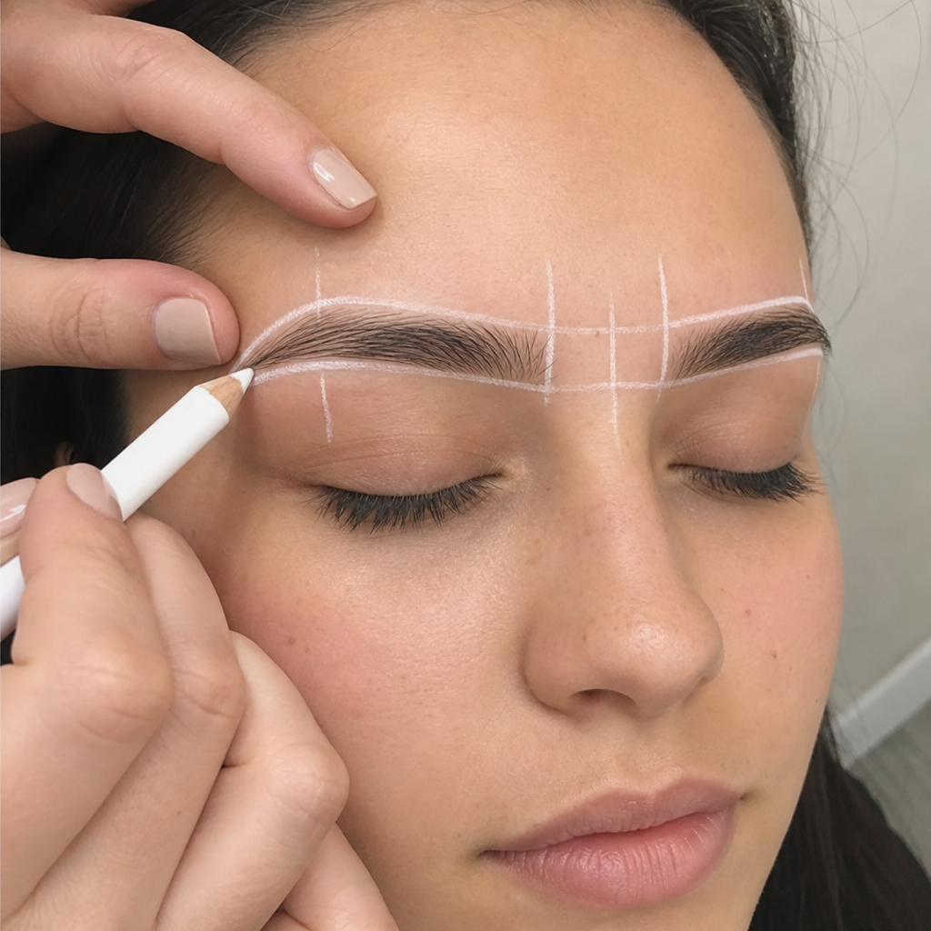 brow artist mapping natural eyebrow shape before waxing