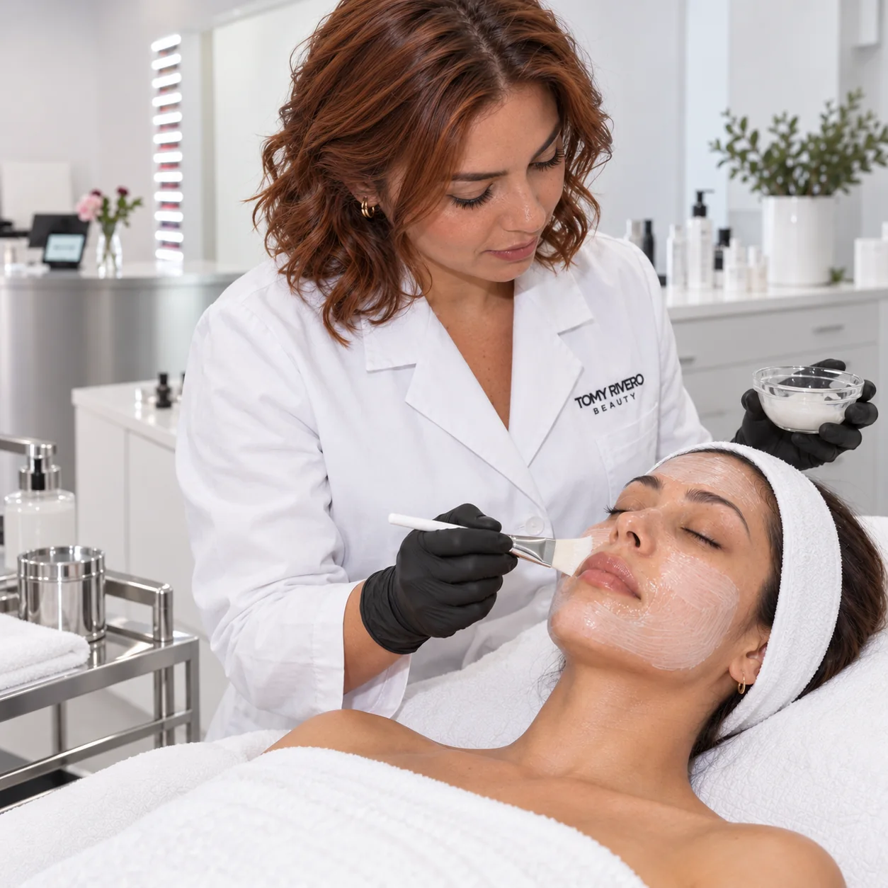 Esthetician in a white embroidered coat applying a facial mask in a bright treatment room