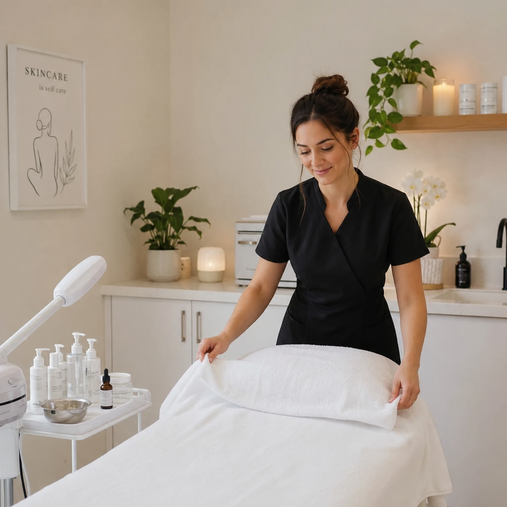 esthetician preparing a facial treatment room in a bright spa setting
