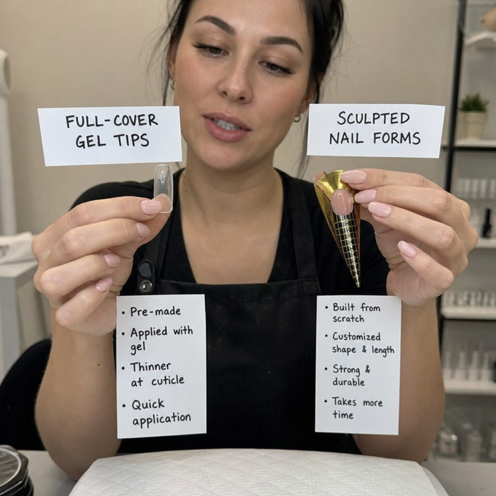 Manicurist comparing full-cover gel tips and sculpted nail forms