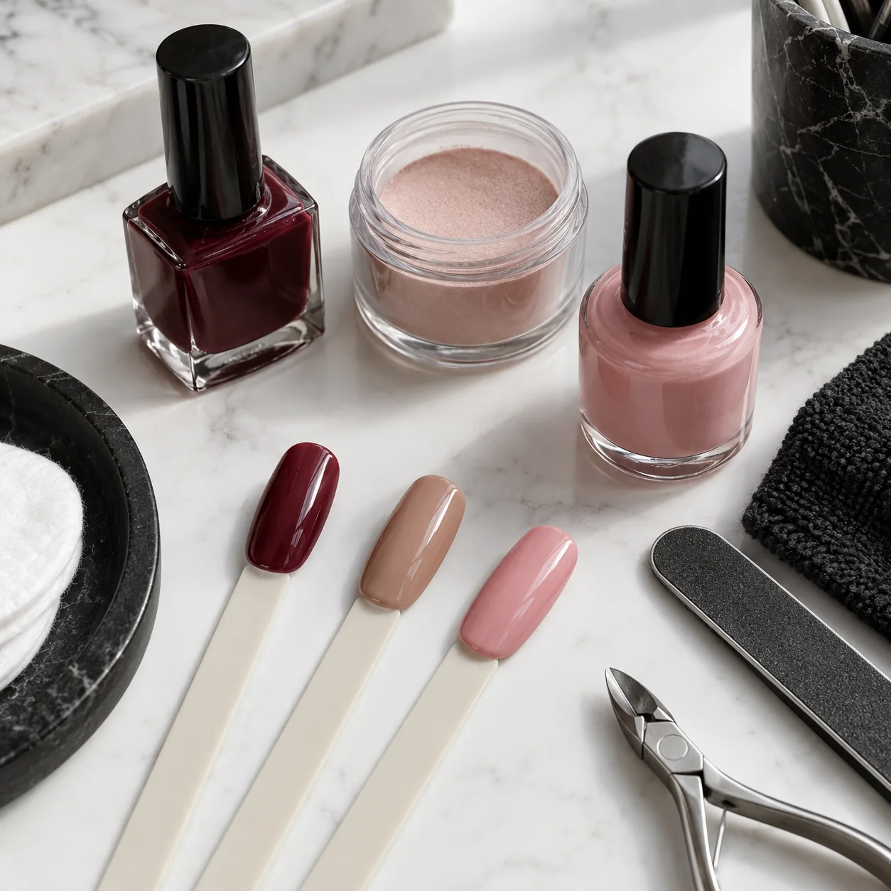 Gel, powder, and nude polish samples arranged with manicure tools on a marble surface