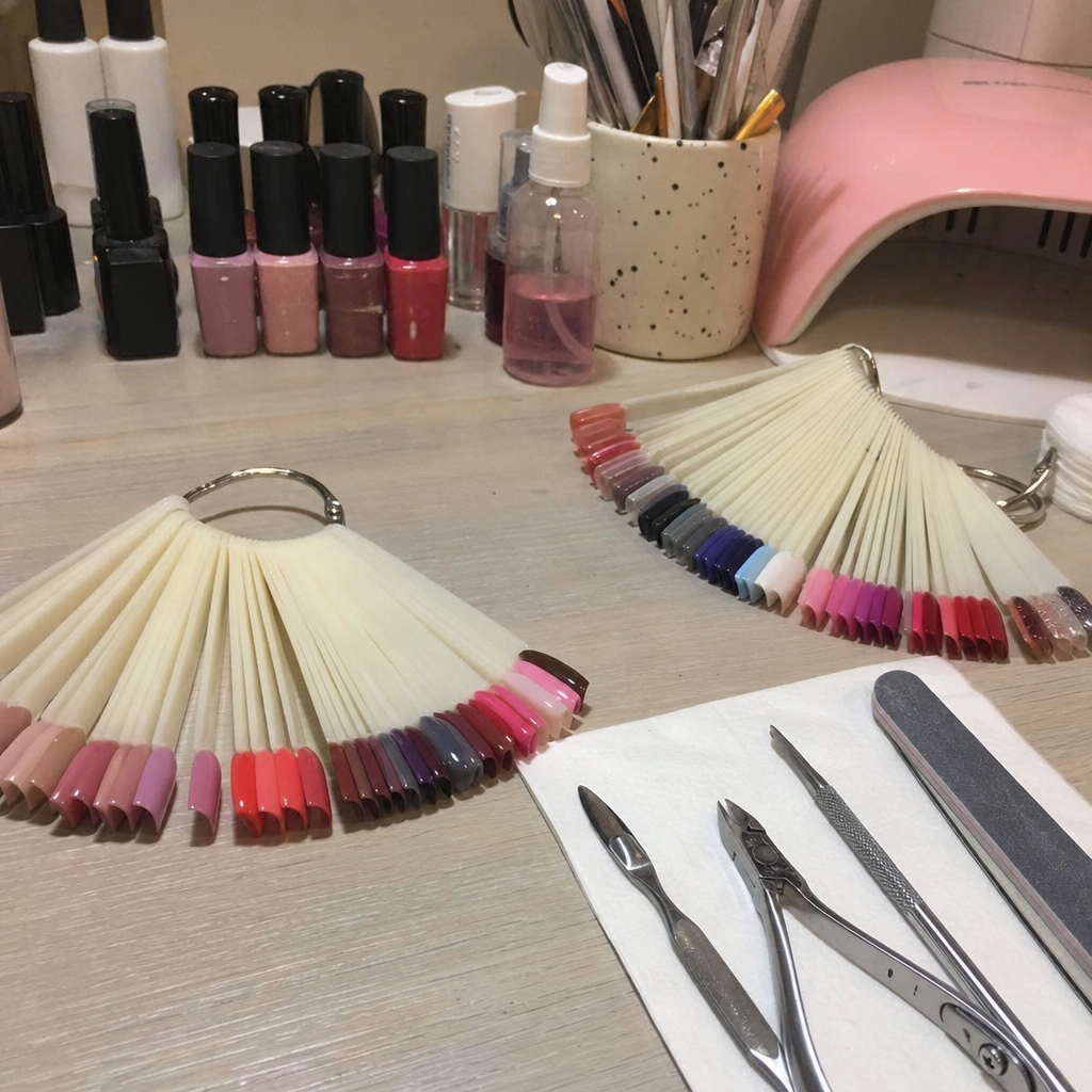 Manicure color samples and nail tools arranged on a salon table