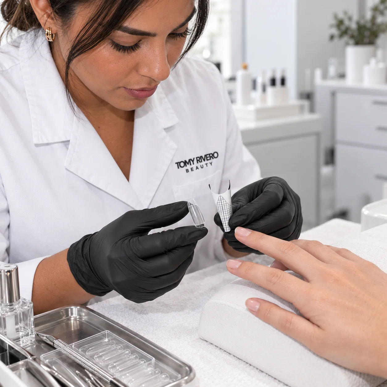 Nail specialist in an embroidered white coat comparing a clear gel tip and a sculpting form