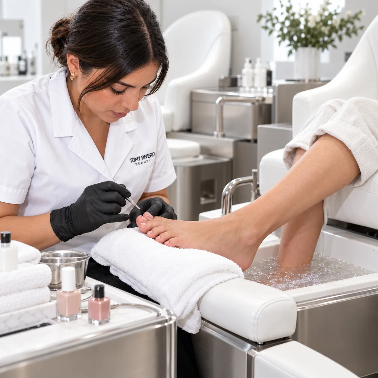 Pedicure specialist in a white embroidered coat caring for a client at a bright pedicure station
