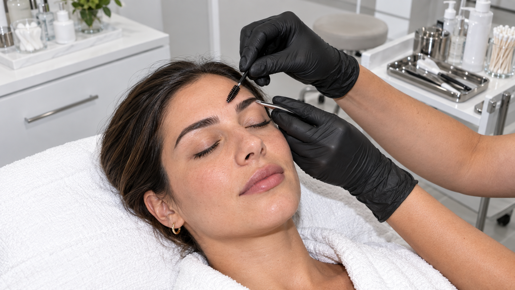 Brow artist grooming a client’s brows at Tomy Rivero Beauty Lab