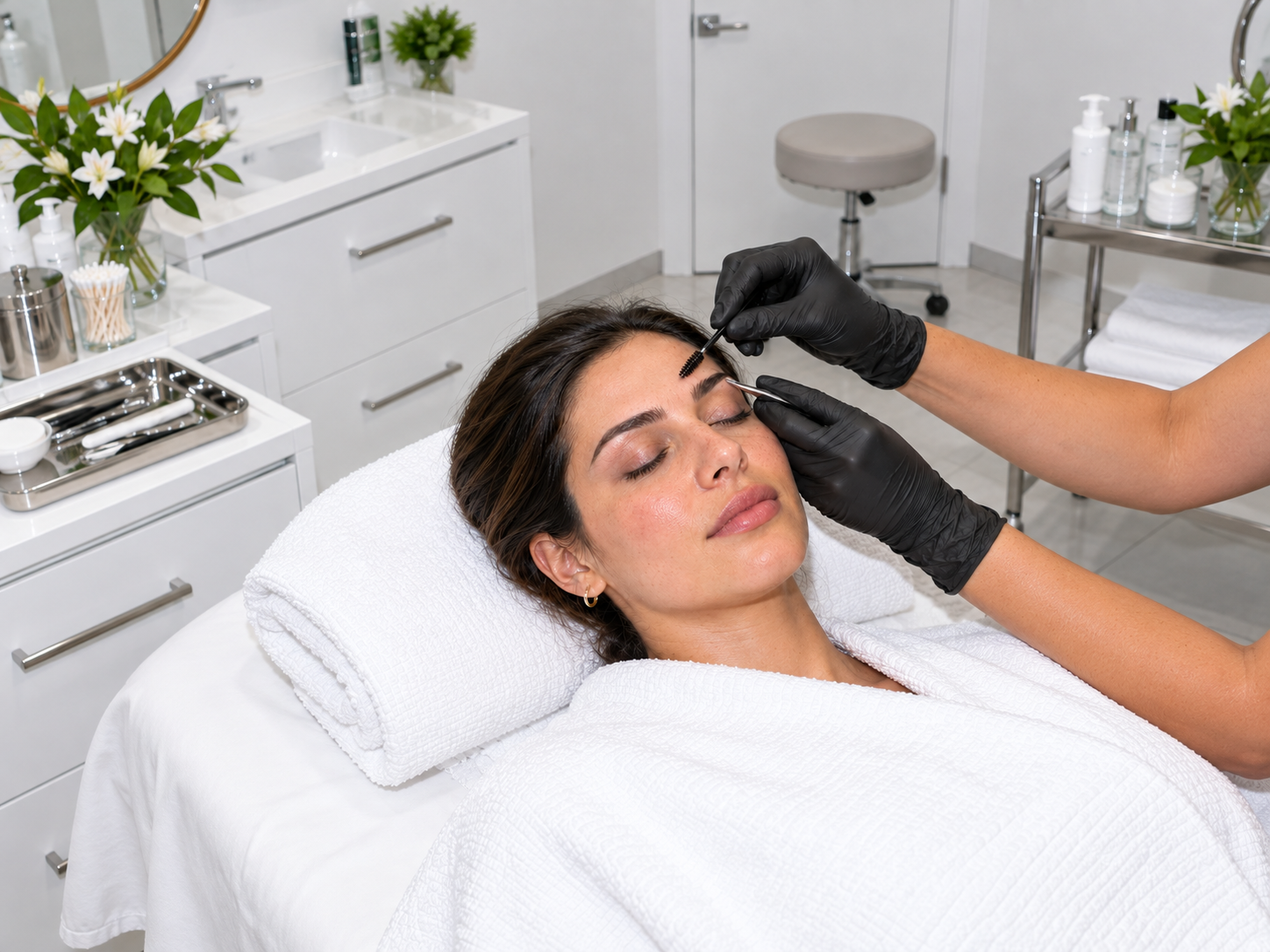 Una especialista define las cejas de una clienta en el estudio luminoso de Tomy Rivero Beauty