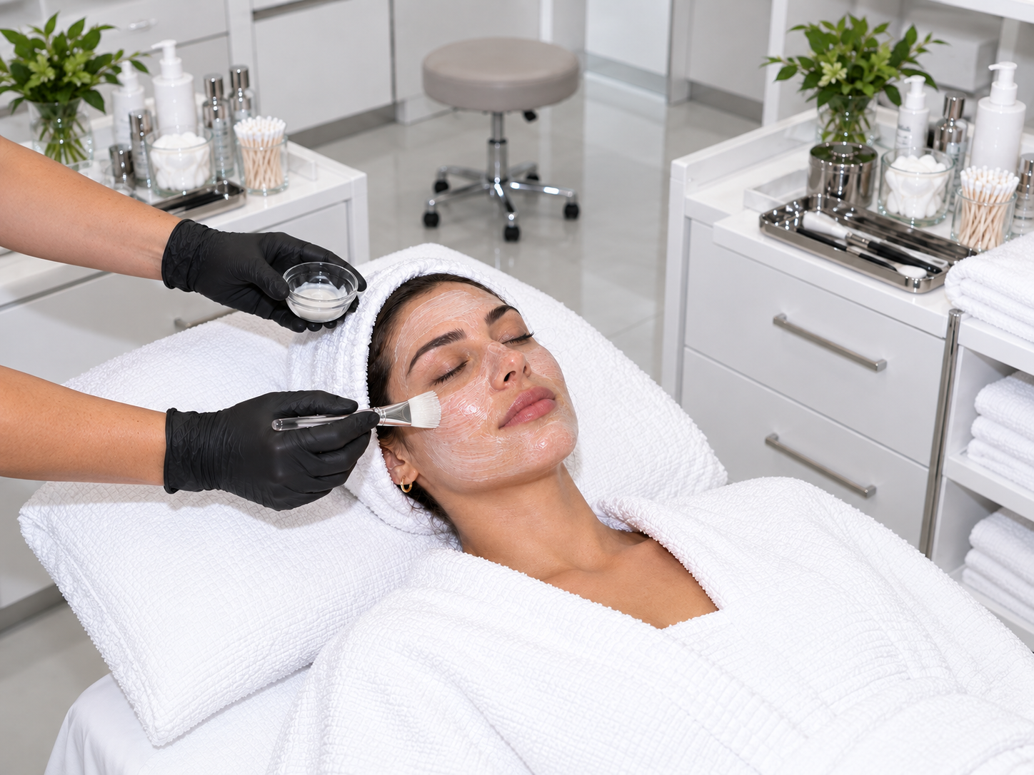 A client receives a facial treatment in the bright Tomy Rivero Beauty treatment room