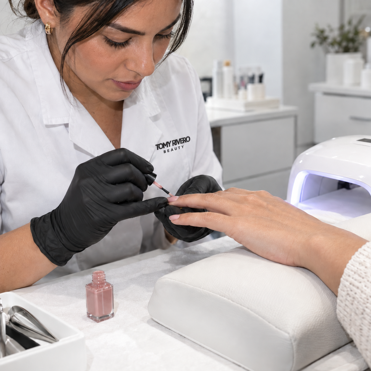 Nail technician in a white embroidered Tomy Rivero Beauty coat polishing a client’s fingernails