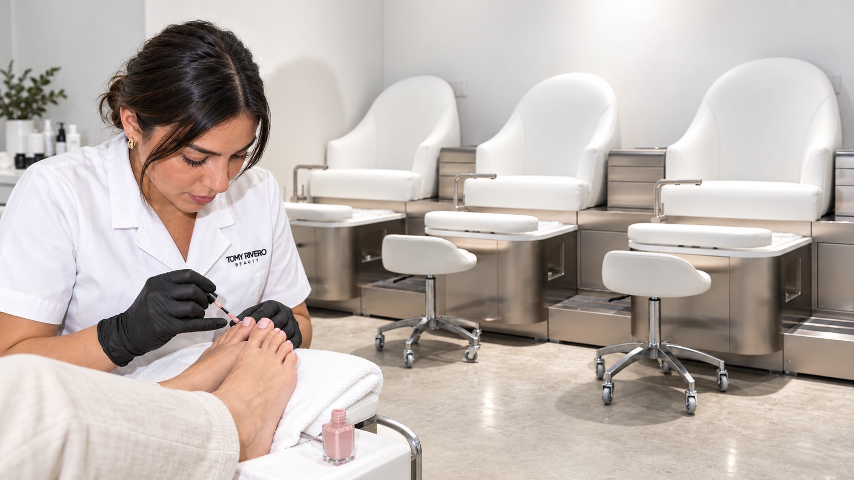 Especialista con bata blanca de Tomy Rivero Beauty esmaltando los pies de una clienta junto a las sillas de pedicure
